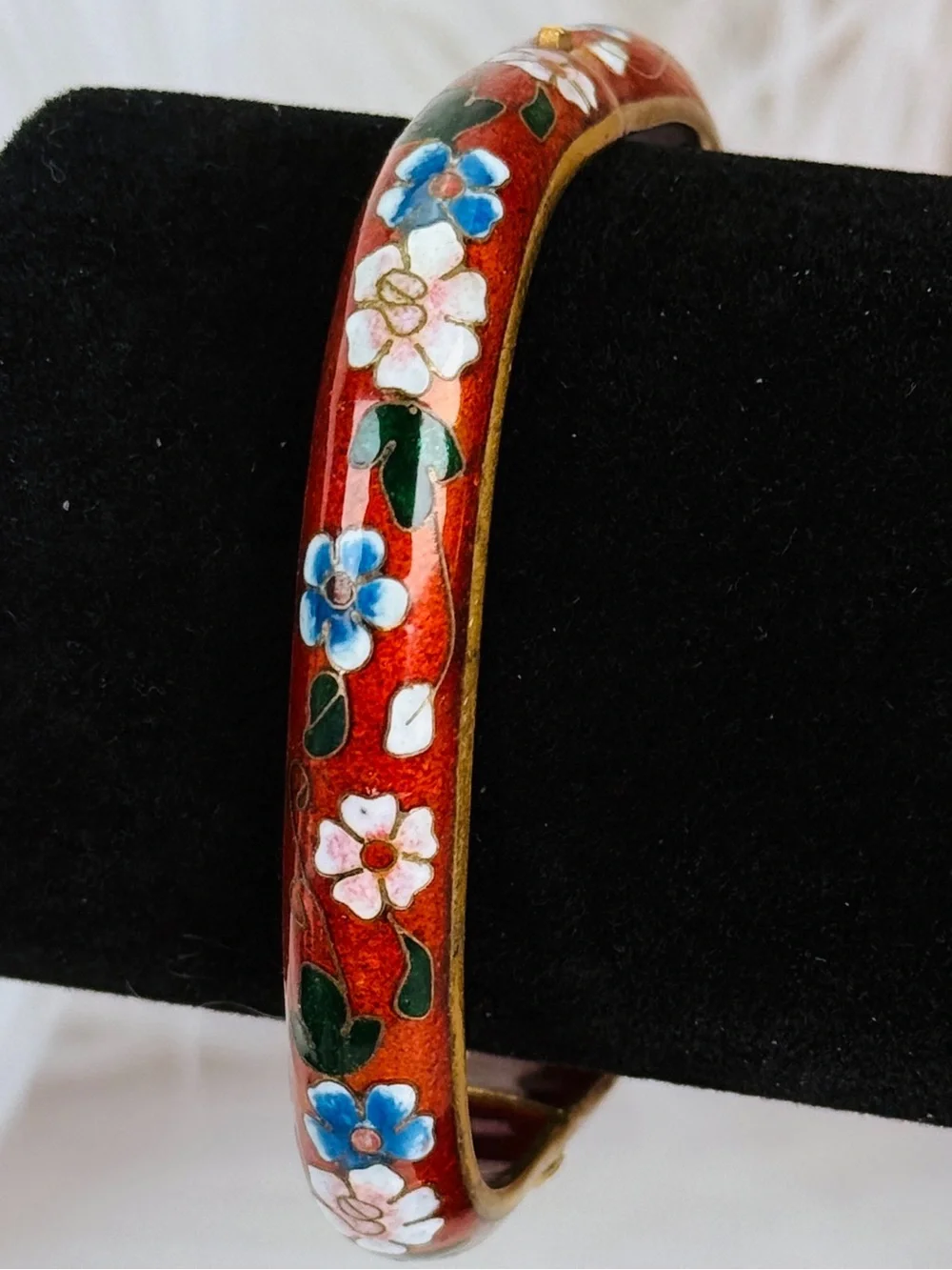 Vintage Goldtone Asian Red Orange Floral Cloisonne Hinged Square Bracelet